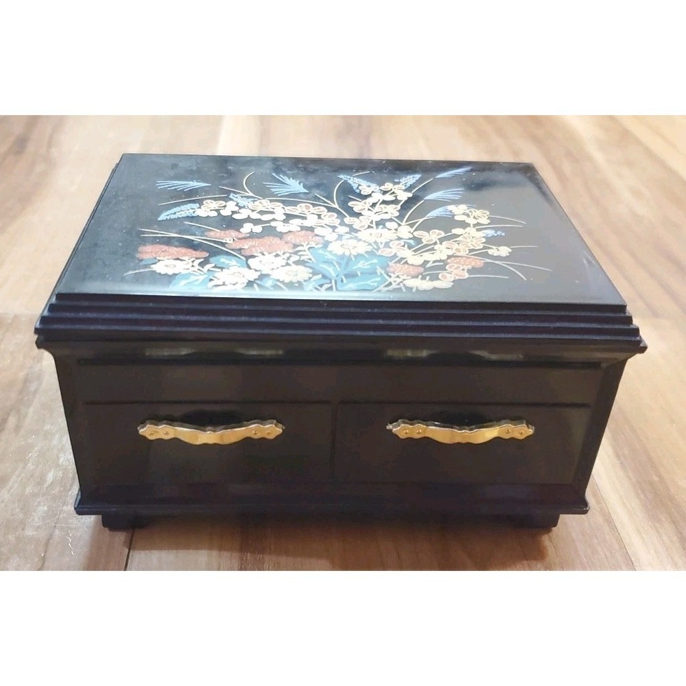 Vintage Asian Jewelry Trinket Box Black‎ Gold Multicolor Floral Motif